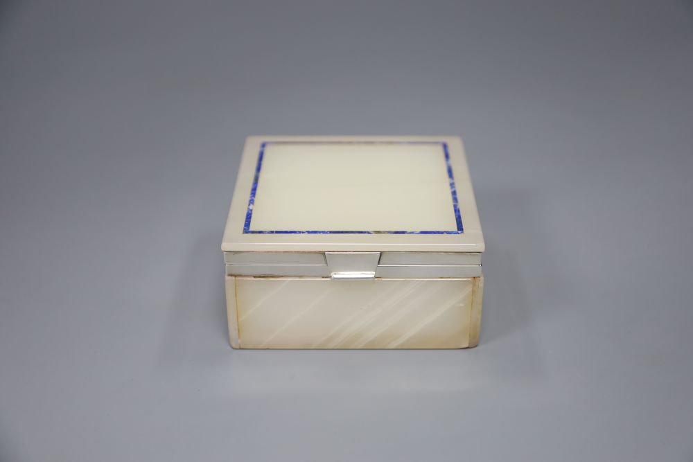 A white marble silver mounted box, inlaid with a lapis lazuli, width 10cm depth 10cm